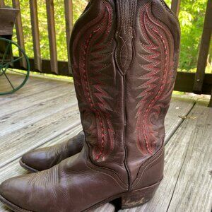 J. Chisholm Made USA Brown Leather Red Embroidered Distressed Boots Size 10.5 D